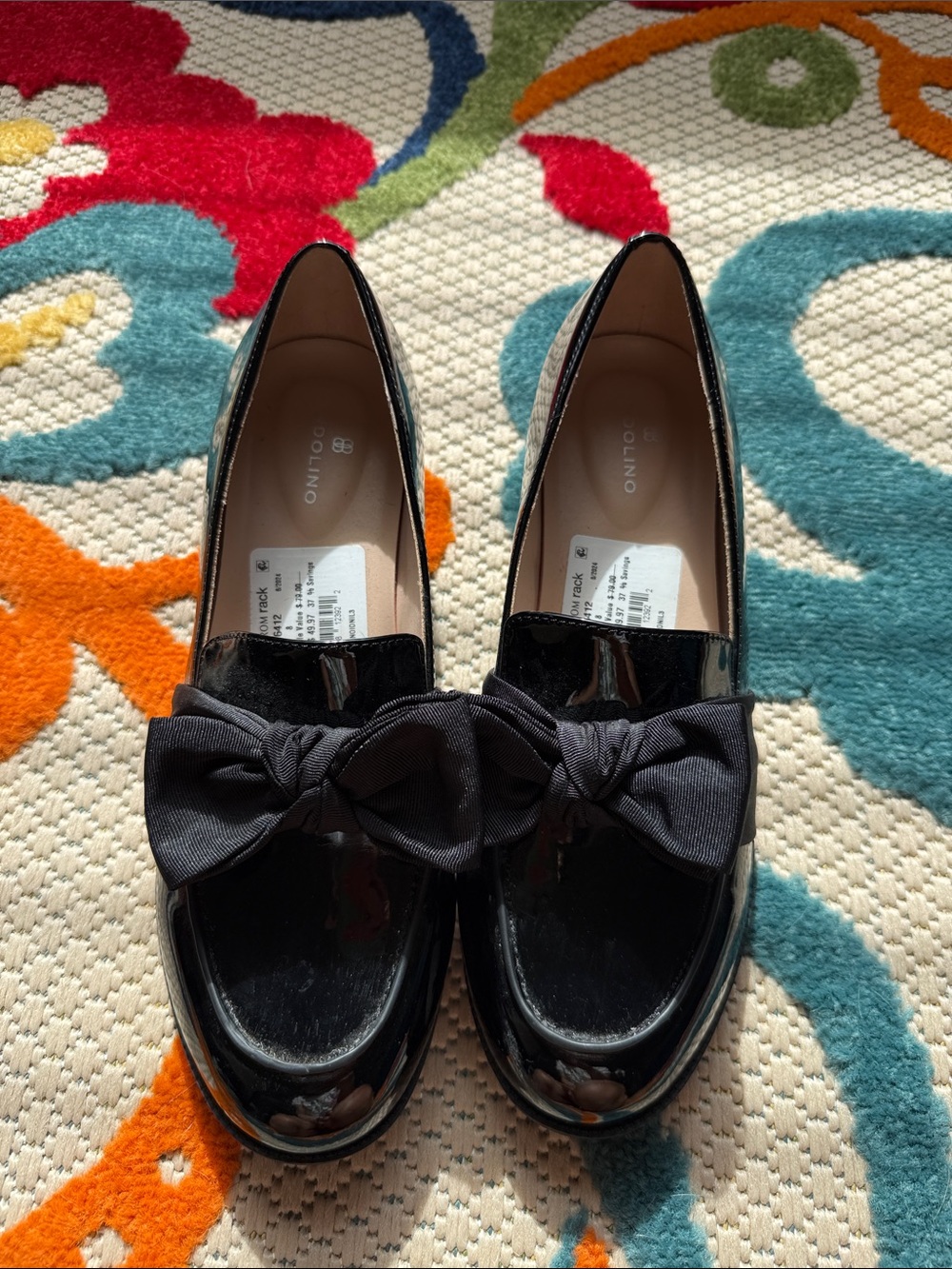 Bandolino Black Patent Loafers with Fabric Bow
